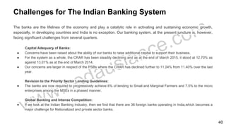 Challenges for The Indian Banking System
The banks are the lifelines of the economy and play a catalytic role in activating and sustaining economic growth,
especially, in developing countries and India is no exception. Our banking system, at the present juncture is, however,
facing significant challenges from several quarters.
Capital Adequacy of Banks:
● Concerns have been raised about the ability of our banks to raise additional capital to support their business.
● For the system as a whole, the CRAR has been steadily declining and as at the end of March 2015, it stood at 12.70% as
against 13.01% as at the end of March 2014.
● Our concerns are larger in respect of the PSBs where the CRAR has declined further to 11.24% from 11.40% over the last
year.
Revision to the Priority Sector Lending Guidelines:
● The banks are now required to progressively achieve 8% of lending to Small and Marginal Farmers and 7.5% to the micro
enterprises among the MSEs in a phased manner.
Global Banking and Intense Competition:
● If we look at the Indian Banking Industry, then we find that there are 36 foreign banks operating in India,which becomes a
major challenge for Nationalized and private sector banks.
40
 