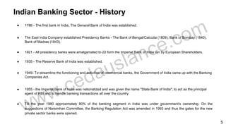 ● 1786 - The first bank in India, The General Bank of India was established.
● The East India Company established Presidency Banks - The Bank of Bengal/Calcutta (1809), Bank of Bombay (1840),
Bank of Madras (1843).
● 1921 - All presidency banks were amalgamated to 22 form the Imperial Bank of India run by European Shareholders.
● 1935 - The Reserve Bank of India was established.
● 1949- To streamline the functioning and activities of commercial banks, the Government of India came up with the Banking
Companies Act.
● 1955 - the Imperial Bank of India was nationalized and was given the name "State Bank of India", to act as the principal
agent of RBI and to handle banking transactions all over the country.
● Till the year 1980 approximately 80% of the banking segment in India was under government’s ownership. On the
suggestions of Narsimhan Committee, the Banking Regulation Act was amended in 1993 and thus the gates for the new
private sector banks were opened.
Indian Banking Sector - History
5
 