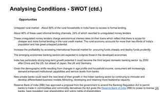 Analysing Conditions - SWOT (ctd.)
Opportunities
Untapped rural market : .About 80% of the rural households in India have no access to formal lending.
About 46% of these used informal lending channels, 24% of which resorted to unregulated money lenders
These unregulated money lenders charge astronomical interest rates on their loans which reflect that there is scope for
cheaper and more formal lending in the rural credit market. The rural economy accounts for more than two-thirds of India's
population and has great untapped potential.
Increase the profitability by accessing international financial market for procuring funds cheaply and deploy funds prudently.
The emerging economies banking sectors are expected to outgrow those in the developed economies.
India has particularly strong long-term growth potential it could become the third largest domestic banking sector by 2050
after China and the US, but ahead of Japan, the UK and Germany.
Given the demographic shifts resulting from changes in age profile and household income, consumers will increasingly
demand enhanced institutional capabilities and service levels from banks
New private banks could reach the next level of their growth in the Indian banking sector by continuing to innovate and
develop differentiated business models Attracting, developing and retaining more leadership capacity.
Reserve Bank of India (RBI) has approved a proposal from the government to amend the Banking Regulation Act to permit
banks to trade in commodities and commodity derivatives the Act gives the Reserve Bank of India (RBI) to power to license
banks, have regulation over shareholding and voting rights of shareholders
25
 