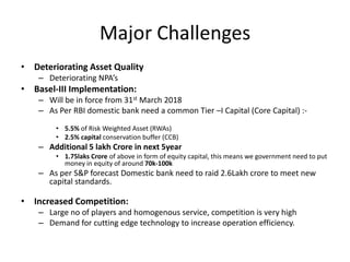 Major Challenges
• Deteriorating Asset Quality
– Deteriorating NPA’s

• Basel-III Implementation:
– Will be in force from 31st March 2018
– As Per RBI domestic bank need a common Tier –I Capital (Core Capital) :• 5.5% of Risk Weighted Asset (RWAs)
• 2.5% capital conservation buffer (CCB)

– Additional 5 lakh Crore in next 5year
• 1.75laks Crore of above in form of equity capital, this means we government need to put
money in equity of around 70k-100k

– As per S&P forecast Domestic bank need to raid 2.6Lakh crore to meet new
capital standards.

• Increased Competition:
– Large no of players and homogenous service, competition is very high
– Demand for cutting edge technology to increase operation efficiency.

 