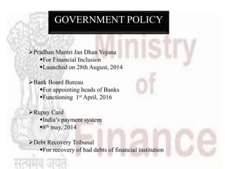 GOVERNMENT POLICY
Pradhan Mantri Jan Dhan Yojana
For Financial Inclusion
Launched on 28th August, 2014
Bank Board Bureau
For appointing heads of Banks
Functioning 1st April, 2016
Rupay Card
India’s payment system
8th may, 2014
Debt Recovery Tribunal
For recovery of bad debts of financial institution
 