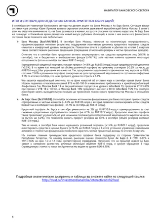 НАВИГАТОР БАНКОВСКОГО СЕКТОРА
4
ИТОГИ СЕНТЯБРЯ ДЛЯ ОТДЕЛЬНЫХ БАНКОВ-ЭМИТЕНТОВ ОБЛИГАЦИЙ
В сентябрьском Навигаторе банковского сектора мы делаем акцент на Банке Москвы и Ак Барс банке. Ситуация вокруг
отставки мэра столицы Юрия Лужкова вызвала серьезные опасения держателей еврооблигаций Банка Москвы. В связи с
этим мы обратили внимание на то, как банк развивался в момент, когда эти опасения постепенно нарастали. Ак Барс Банк
же планирует в ближайшее время разместить новый выпуск рублевых облигаций, в связи с чем анализ его финансового
состояния также показался нам любопытным:
Банк Москвы (Baa1/NR/BBB-). В сентябре Банк Москвы, несмотря на политическую неопределенность,
продемонстрировал неплохие результаты, поддерживая позитивную динамику кредитного портфеля, средств
клиентов и комфортный уровень ликвидности. Показатели отчета о прибылях и убытках по итогам 3 квартала
также соответствовали рыночным тенденциям (сокращение отчислений в резервы и чистых процентных доходов).
Отметим, что в сентябре банк продолжил активно аккумулировать как средства юридических лиц (+9.3% за
сентябрь), так и бюджетных и внебюджетных фондов (+16.1%), хотя частные клиенты проявили некоторую
осторожность (отток в сентябре составил RUB1.5 млрд.).
Корпоративный кредитный портфель показал прирост (+4.6% до RUB535 млрд.) выше среднерыночной динамики
(+3.5%). В то время как меньший по объёму розничный портфель по-прежнему стагнирует (-0.2% за месяц до
RUB70.6 млрд.) без улучшения его качества. Так, просроченная задолженность физических лиц выросла на 0.6%,
составив 15.6% в розничном портфеле, совокупная же доля просроченной задолженности составила комфортные
3.1% по итогам сентября, что ниже среднего уровня по отрасли в 5.8%.
Что касается еврооблигаций эмитента, то на фоне новостей об отставке мэра в сентябре кривая бумаг Банка
Москвы поднялась относительно кривой ВТБ на 80-100 бп и максимально приблизилась к кривой еврооблигаций
Альфа-Банка. Так, Moscow Bank 13 на текущий момент торгуется на уровне с Alfa-Bank 13, предлагая YTM 5.40%
при премии к VTB 18 в 100 бп, а Moscow Bank 15N предлагает дисконт в 80 бп Alfa-Bank 15N. Мы советуем
инвесторам занять выжидательную позицию до прояснения планов нового правительства Москвы в отношении
банка.
Ак Барс банк (Ba3/NR/BB). В сентябре основным источником фондирования для банка послужил приток средств
корпоративных и частных клиентов (+4.6% до RUB126 млрд.), который позволил компенсировать отток средств
бюджетных и внебюджетных фондов (-37.7% за сентябрь до RUB13 млрд.).
Кредитный портфель Ак Барса в сентябре уменьшился на 3% до RUB152.8 млрд.– преимущественно за счет
снижения кредитования корпоративного сегмента (на 4.1% до RUB127.2 млрд.). Кредитное качество портфеля
также продолжает ухудшаться, но уже меньшими темпами (доля просроченной задолженности выросла за месяц
на 0.2 п.п. до 6.2%), что позволило снизить прирост резервов до 0.4% в сентябре (объём резервов составил
RUB15.9 млрд.).
Тем не менее, в сентябре банк начал наращивать розничный портфель (+1.4% до RUB20.1 млрд.), продолжая
инвестировать средства в ценные бумаги (+19.2% до RUB44.7 млрд.). В итоге успешное управление ликвидными
активами и стоимостью фондирования позволили нарастить чистые процентные доходы по итогам 3 квартала.
Мы считаем главным преимуществом кредитного профиля банка поддержку со стороны Правительства
Республики Татарстан. По нашему мнению, рыночная оценка стоимости бумаг Ак Барс-3, 4 (YTM 6.87% и
YTM 7.56% на срок 1.0 и 1.5 года соответственно) справедлива. Напомним, что на прошлой неделе Ак Барс
заявил о намерении разместить рублевые облигации объёмом RUB10 млрд. и сроком обращения 3 года.
Справедливую стоимость новых инструментов мы видим на уровне 8.00-8.50%.
Подробные аналитические диаграммы и таблицы вы сможете найти по следующей ссылке:
http://trust.ru/investment/analitika/interactive/tirb2/rus/
 