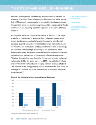 21  MILKEN INSTITUTE  THE BANKING SECTOR IN MYANMAR
TITLEEXECUTIVE SUMMARYTHE STATE OF FINANCIAL INCLUSION IN MYANMAR
retained earnings each representing an additional 10 percent, on
average, of a firm’s financial resources. Furthermore, while almost
half of Myanmar’s companies have invested in fixed assets, these
investments were overwhelmingly financed through personal funds,
with bank loans covering less than 3 percent of the value of these
assets.49
As might be expected from the discussion in Section 2, the large
majority of businesses in Myanmar find collateral requirements
overly burdensome, particularly when borrowing from formal
sources. Over 70 percent of firms that borrowed from either banks
or microfinance institutions had to provide either land or buildings
as collateral.50
On average, according to the 2016 World Bank
Enterprise Survey, Myanmar firms are required to put up collateral
valued at over 400 percent of the amount of the loans received.
This is a dramatic increase from the 224 percent average collateral
value recorded by the same survey in 2014. High collateral values
are common in Southeast Asia, ranging from an average of about
156 percent in the Philippines up to 320 percent of the loan value on
average in Thailand, but if the recent figure is accurate, Myanmar
tops them all.51
Figure 3. Use of Banking Services Among Myanmar Businesses
Source: World Bank Enterprise Survey, Myanmar 2016
49
“Myanmar Enterprise Survey,”
World Bank, 2016.
50
UN-ESCAP 2015.
51
See World Bank Enterprise
Surveys, Philippines (2015) and
Thailand (2016).
0%
10%
20%
30%
40%
50%
60%
70%
80%
Small Medium Large
Checking/savings account Bank loan/line of credit
 