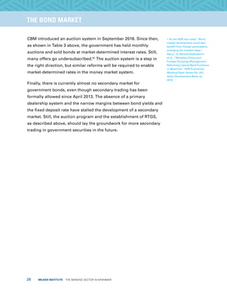 28  MILKEN INSTITUTE  THE BANKING SECTOR IN MYANMAR
TITLEEXECUTIVE SUMMARYTHE BOND MARKET
CBM introduced an auction system in September 2016. Since then,
as shown in Table 3 above, the government has held monthly
auctions and sold bonds at market-determined interest rates. Still,
many offers go undersubscribed.62
The auction system is a step in
the right direction, but similar reforms will be required to enable
market-determined rates in the money market system.
Finally, there is currently almost no secondary market for
government bonds, even though secondary trading has been
formally allowed since April 2013. The absence of a primary
dealership system and the narrow margins between bond yields and
the fixed deposit rate have stalled the development of a secondary
market. Still, the auction program and the establishment of RTGS,
as described above, should lay the groundwork for more secondary
trading in government securities in the future.
62
As the ADB has noted, “Bond
market development could also
benefit from foreign participation
enlarging the investor base.”
See p. 12, Bandid Nijathaworn
et al., “Monetary Policy and
Foreign Exchange Management:
Reforming Central Bank Functions
in Myanmar,” ADB Economics
Working Paper Series No. 431,
Asian Development Bank, ay
2015.
 
