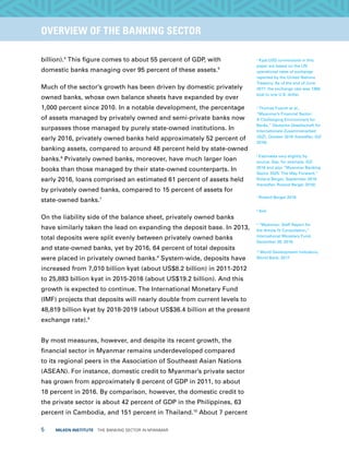 5  MILKEN INSTITUTE  THE BANKING SECTOR IN MYANMAR
TITLEEXECUTIVE SUMMARYOVERVIEW OF THE BANKING SECTOR
billion).4
This figure comes to about 55 percent of GDP, with
domestic banks managing over 95 percent of these assets.5
Much of the sector’s growth has been driven by domestic privately
owned banks, whose own balance sheets have expanded by over
1,000 percent since 2010. In a notable development, the percentage
of assets managed by privately owned and semi-private banks now
surpasses those managed by purely state-owned institutions. In
early 2016, privately owned banks held approximately 52 percent of
banking assets, compared to around 48 percent held by state-owned
banks.6
Privately owned banks, moreover, have much larger loan
books than those managed by their state-owned counterparts. In
early 2016, loans comprised an estimated 61 percent of assets held
by privately owned banks, compared to 15 percent of assets for
state-owned banks.7
On the liability side of the balance sheet, privately owned banks
have similarly taken the lead on expanding the deposit base. In 2013,
total deposits were split evenly between privately owned banks
and state-owned banks, yet by 2016, 64 percent of total deposits
were placed in privately owned banks.8
System-wide, deposits have
increased from 7,010 billion kyat (about US$8.2 billion) in 2011-2012
to 25,883 billion kyat in 2015-2016 (about US$19.2 billion). And this
growth is expected to continue. The International Monetary Fund
(IMF) projects that deposits will nearly double from current levels to
48,819 billion kyat by 2018-2019 (about US$36.4 billion at the present
exchange rate).9
By most measures, however, and despite its recent growth, the
financial sector in Myanmar remains underdeveloped compared
to its regional peers in the Association of Southeast Asian Nations
(ASEAN). For instance, domestic credit to Myanmar’s private sector
has grown from approximately 6 percent of GDP in 2011, to about
18 percent in 2016. By comparison, however, the domestic credit to
the private sector is about 42 percent of GDP in the Philippines, 63
percent in Cambodia, and 151 percent in Thailand.10
About 7 percent
4
Kyat:USD conversions in this
paper are based on the UN
operational rates of exchange
reported by the United Nations
Treasury. As of the end of June
2017, the exchange rate was 1360
kyat to one U.S. dollar.
5
Thomas Foerch et al.,
“Myanmar’s Financial Sector:
A Challenging Environment for
Banks,” Deutsche Gesellschaft für
Internationale Zusammenarbeit
(GIZ), October 2016 (hereafter, GIZ
2016).
6
Estimates vary slightly by
source. See, for example, GIZ
2016 and also “Myanmar Banking
Sector 2025: The Way Forward,”
Roland Berger, September 2016
(hereafter, Roland Berger 2016).
7
Roland Berger 2016.
8
Ibid.
9
“Myanmar: Staff Report for
the Article IV Consultation,”
International Monetary Fund,
December 29, 2016.
10
World Development Indicators,
World Bank, 2017.
 
