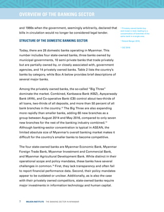 7  MILKEN INSTITUTE  THE BANKING SECTOR IN MYANMAR
TITLEEXECUTIVE SUMMARYOVERVIEW OF THE BANKING SECTOR
and 1980s when the government, seemingly arbitrarily, declared that
bills in circulation would no longer be considered legal tender.
STRUCTURE OF THE DOMESTIC BANKING SECTOR
Today, there are 28 domestic banks operating in Myanmar. This
number includes four state-owned banks, three banks owned by
municipal governments, 10 semi-private banks that trade privately
but are partially owned by, or closely associated with, government
agencies, and 14 privately owned banks. Table 2 lists the country’s
banks by category, while Box A below provides brief descriptions of
several major banks.
Among the privately owned banks, the so-called “Big Three”
dominate the market. Combined, Kanbawza Bank (KBZ), Ayeyarwady
Bank (AYA), and Co-operative Bank (CB) control about two-thirds of
all loans, two-thirds of all deposits, and more than 50 percent of all
bank branches in the country.13
The Big Three are also expanding
more rapidly than smaller banks, adding 60 new branches as a
group between August 2014 and May 2016, compared to only seven
new branches for the rest of the banking industry combined.14
Although banking-sector concentration is typical in ASEAN, the
limited absolute size of Myanmar’s overall banking market makes it
difficult for the country’s smaller banks to become competitive.
The four state-owned banks are Myanmar Economic Bank, Myanmar
Foreign Trade Bank, Myanmar Investment and Commercial Bank,
and Myanmar Agricultural Development Bank. While distinct in their
operational scope and policy mandates, these banks have several
challenges in common.15
First, they lack transparency and often fail
to report financial performance data. Second, their policy mandates
appear to be outdated or unclear. Additionally, as is also the case
with their privately owned competitors, state-owned banks require
major investments in information technology and human capital.
13
Privately owned banks buy
and invest in land, leading to a
concentration of branches of the
same bank in a single area.
14
Roland Berger 2016.
15
GIZ 2016.
 