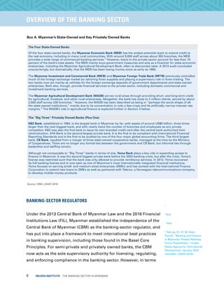 9  MILKEN INSTITUTE  THE BANKING SECTOR IN MYANMAR
TITLEEXECUTIVE SUMMARYOVERVIEW OF THE BANKING SECTOR
Box A. Myanmar’s State-Owned and Key Privately Owned Banks
The Four State-Owned Banks
Of the four state-owned banks, the Myanmar Economic Bank (MEB) has the widest potential reach to extend credit to
the real economy, including in many rural communities. With around 9,000 staff across about 350 branches, the MEB
provides a wide range of commercial banking services.
16
However, loans to the private sector account for less than 10
percent of the bank’s total assets. The MEB mainly buys government treasuries and acts as a financier for state economic
enterprises, including the Myanmar Agricultural Development Bank, often at discounted rates. A 2013 audit concluded
unsurprisingly, but dramatically, that the MEB has been losing money since as early as 1990.
The Myanmar Investment and Commercial Bank (MICB) and Myanmar Foreign Trade Bank (MFTB) previously controlled
much of the foreign exchange market by rationing forex supplies and playing a supervisory role in forex trading. The
two banks now act mainly as vehicles for the foreign exchange deposits of government departments and state-owned
enterprises. Both also, though, provide financial services to the private sector, including domestic commercial and
investment banking services.
The Myanmar Agricultural Development Bank (MADB) serves rural areas through providing short- and long-term credit
for agricultural, livestock, and other rural enterprises. Altogether, the bank has close to 2 million clients, served by about
2,500 staff across 230 branches.
17
However, the MADB has been described as being in “perhaps the worst shape of all
the state-owned institutions,” mainly due to its concentration in only a few crops and its artificially narrow interest rate
margins.
18
The MADB’s role in agricultural finance is explored further in Section 3 below.
The “Big Three” Privately Owned Banks (Plus One)
KBZ Bank, established in 1994, is the largest bank in Myanmar by far, with assets of around US$8 billion, three times
larger than the next biggest bank, and with nearly twice the number of branches and employees as any private
competitor. KBZ was also the first bank to issue its own branded credit card after the central bank authorized their
reintroduction. AYA Bank is the second-largest private bank. It is the first to be compliant with International Financial
Reporting Standards and is the first to be audited by one of the four major global accounting firms. The third largest
bank, CB Bank, resulted from a merger of three state-owned cooperative banks, managed at the time by the Ministry
of Cooperatives. There are no longer any formal ties between the government and CB Bank, but informal ties through
leadership and staffing remain.
Although not comparable to “Big Three” banks in terms of size, Yoma Bank plays a key role in expanding access to
finance in Myanmar. It was the second biggest private bank before the 2003 banking crisis, but after the crisis, Yoma’s
license was restricted such that the bank was only allowed to provide remittance services. In 2012, Yoma recovered
its full banking license and is now seen as one of Myanmar’s most internationally integrated financial institutions.
Yoma focuses on serving small- and medium-sized enterprises (SMEs) and has worked with the International Finance
Corporation to extend new loans to SMEs as well as partnered with Telenor, a Norwegian telecommunications company,
to develop mobile money products.
Source: CBM, USAID 2016
BANKING-SECTOR REGULATORS
Under the 2013 Central Bank of Myanmar Law and the 2016 Financial
Institutions Law (FIL), Myanmar established the independence of the
Central Bank of Myanmar (CBM) as the banking-sector regulator, and
has put into place a framework to meet international best practices
in banking supervision, including those found in the Basel Core
Principles. For semi-private and privately owned banks, the CBM
now acts as the sole supervisory authority for licensing, regulating,
and enforcing compliance in the banking sector. However, in terms
1
6
Ibid.
17
Ibid.
18
See pp. 31, 57-59, Sean
Turnell, “Banking and Finance
in Myanmar: Present Realities,
Future Possibilities,” United
States Agency for International
Development, January 2016
(hereafter, USAID 2016).
 