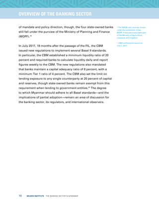 10  MILKEN INSTITUTE  THE BANKING SECTOR IN MYANMAR
TITLEEXECUTIVE SUMMARYOVERVIEW OF THE BANKING SECTOR
of mandate and policy direction, though, the four state-owned banks
still fall under the purview of the Ministry of Planning and Finance
(MOPF).19
In July 2017, 18 months after the passage of the FIL, the CBM
issued new regulations to implement several Basel II standards.
In particular, the CBM established a minimum liquidity ratio of 20
percent and required banks to calculate liquidity daily and report
figures weekly to the CBM. The new regulations also mandated
that banks maintain a capital adequacy ratio of 8 percent, with a
minimum Tier 1 ratio of 4 percent. The CBM also set the limit on
lending exposure to any single counterparty at 20 percent of capital
and reserves, though state-owned banks remain exempt from this
requirement when lending to government entities.20
The degree
to which Myanmar should adhere to all Basel standards—and the
implications of partial adoption—remain an area of discussion for
the banking sector, its regulators, and international observers.
19
The MADB only recently moved
under the jurisdiction of the
MOPF. It had previously been part
of the Ministry of Agriculture,
Livestock, and Irrigation.
20
CBM notifications issued on
July 7, 2017.
 