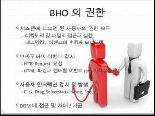 BHO 의 권한
0 시스템에 로그인 된 사용자의 권한 모두
- 디렉토리 및 파일의 접근과 실행
- 네트워킹 , 이벤트의 후킹과 모니터링
0 브라우저의 이벤트 감시
- HTTP Request 요청
- HTML 파싱과 렌더링 이벤트 (ex. 시작 , 종료 )
0 사용자 인터랙션 감시 및 발생
- Click, Drag, Selectstart/chagne, Focus
0 DOM 에 접근 및 제어 / 가공
 