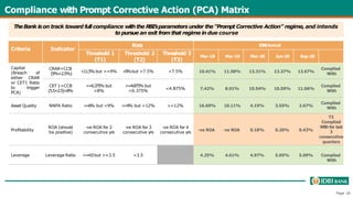 Criteria Indicator
Risk IDBI-Actual
Threshold 1
(T1)
Threshold 2
(T2)
Threshold 3
(T3)
Mar-18 Mar-19 Mar-20 Jun-20 Sep-20
Capital
(Breach of
either CRAR
or CET1 Ratio
to trigger
PCA)
CRAR+CCB
(9%+2.5%)
<11.5%but >=9% <
9
%but >7.5% <7.5% 10.41% 11.58% 13.31% 13.37% 13.67%
Complied
With
CET 1+CCB
(5.5+2.5)=8%
>=6.375% but
<8%
>=4.875% but
<6.375%
<4.875% 7.42% 8.91% 10.54% 10.59% 11.06%
Complied
With
Asset Quality NNPA Ratio >=6
% but <9% >=9
% but <12% >=12% 16.69% 10.11% 4.19% 3.55% 2.67%
Complied
With
Profitability
ROA (should
be positive)
-ve ROA for 2
consecutive yrs
-ve ROA for 3
consecutive yrs
-ve ROA for 4
consecutive yrs
-ve ROA -ve ROA 0.18% 0.20% 0.43%
T3
Complied
With for last
3
consecutive
quarters
Leverage Leverage Ratio <=4.0but >=3.5 <3.5 4.25% 4.61% 4.97% 5.05% 5.09% Complied
With
Page 18
TheBank ison track toward full compliance withthe RBI’sparameters under the “Prompt Corrective Action” regime, and intends
to pursue an exit from that regime in due course
Compliance with Prompt Corrective Action (PCA) Matrix
 