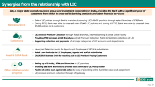 Bancassurance
• Sale of LIC policies through Bank’s branches & sourcing LICI’s P&GS products through select Branches of IDBIBank
• During FY20, Bank was able to cross-sell over 67,660 LIC policies and during H1FY20, Bank was able to cross-sell over
27,050 policies to its customers
Collections
• LIC renewal Premium Collection through Retail Branches, Internet Banking & Direct Debit Facility
• Providing POS terminals at LIC Branches and LIC Premium Collection Points to facilitate collections of LIC
• Supporting collection and payments of all major categories of LIC accounts and departments
Asset & CASA Book
• Launched Salary Accounts for Agents and Employees of LIC & its subsidiaries
• Retail Loan Products for LIC Employees, Agents and staff of subsidiaries
• CASA/SRA Business Drive for reaching out to LIC Premium Paying Customers
Other initiatives under
progress
• Setting up of E-lobby, ATMs and Branches in LIC premises
• Enabling IDBIBank Branches to provide basic services to LIC Policy holder
• Facility of online loan against LIC policy by way of providing online Surrender value and assignment
• LIC renewal premium collection through UPI gateway
Synergies from the relationship with LIC
Page 27
LIC,a major state-owned insurance group and investment corporation in India,provides the Bank with a significant pool of
customers from which to cross-sell itsbanking products and other financial services
 