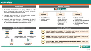 Overview
1,887
Total
Branches
3,467
ATMs
773 Cities & 35
States & UTs
Introduction
Distribution Reach Awards & Accolades
Ranked 13th among 51 Indian banks and financial institutions as a result of the
progress it has made in digital banking, according to MeitY
Conferred BFSI Award under Digital Financial Inclusion category at 4th India
Banking Reforms Conclave 2019
#1 most trusted brand in India for the year 2020 in the “Financial Services (Private
Banks)” category - Reader’s Digest Trusted Brand awards
 Diversified financial services group offering a wide
range of banking and financial services to corporate
and retail customers throughout India
 The Bank was controlled by the Government of India
since its founding for over five decades
 Following the Life Insurance Corporation of India’s
acquisition of a 51% controlling interest in the Bank, the
RBI reclassified the Bank as a private sector bank
Business Segments
Corporate Retail
• Project Finance
• Working Capital
Assistance
Treasury
• Retail Assets
• Retail Liabilities
• Card Products
• Bancassurance
• Third Party
Distribution
As on September 30, 2020
• Money market
instruments
• Fixed income instruments
• Foreign exchange
• Derivatives and equities
trading
1 1
Offshore Banking Unit Overseas Branch
(GIFT-City, Gandhinagar) (Dubai)
Page 6
 