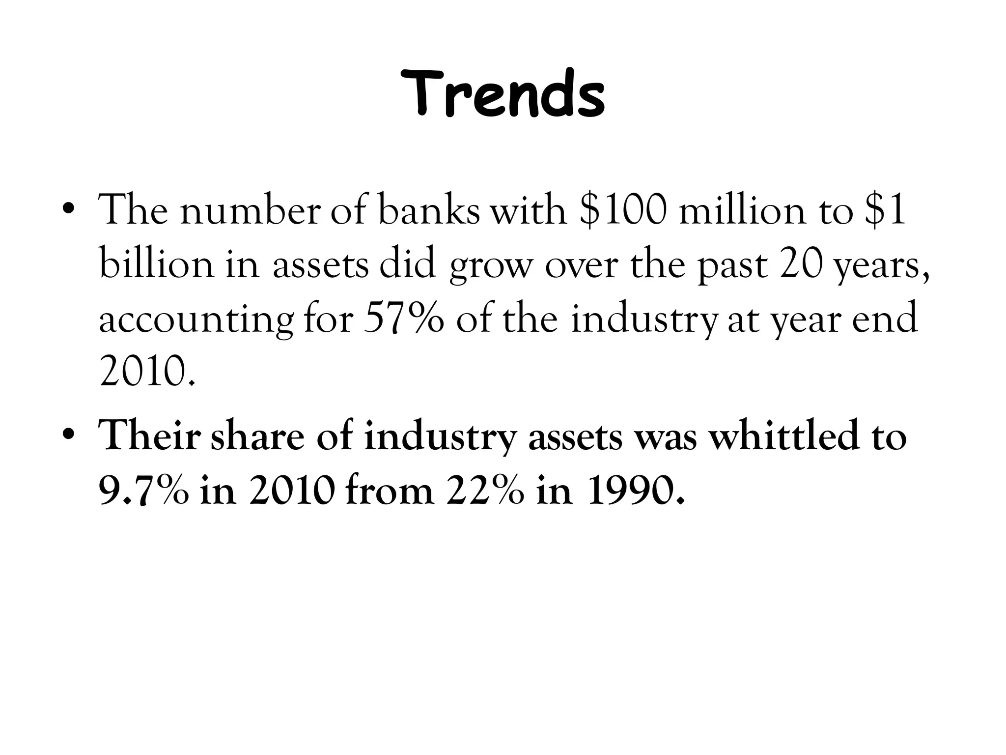 Trends
• The number of banks with $100 million to $1
  billion in assets did grow over the past 20 years,
  accounting for 57% of the industry at year end
  2010.
• Their share of industry assets was whittled to
  9.7% in 2010 from 22% in 1990.
 