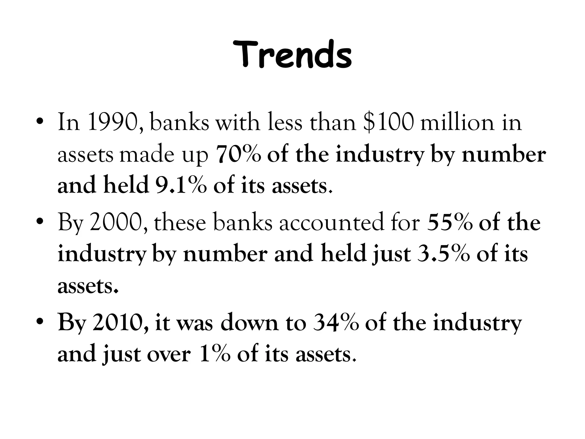 Trends
• In 1990, banks with less than $100 million in
  assets made up 70% of the industry by number
  and held 9.1% of its assets.
• By 2000, these banks accounted for 55% of the
  industry by number and held just 3.5% of its
  assets.
• By 2010, it was down to 34% of the industry
  and just over 1% of its assets.
 