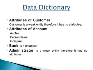 

Attributes of Customer
Customer is a weak entity therefore it has no attributes. 



Attributes of Account
AccNo
PersonName
InDepAmt

Bank is a database 
 Administrator is a weak entity therefore it has no


attributes.

 

 
