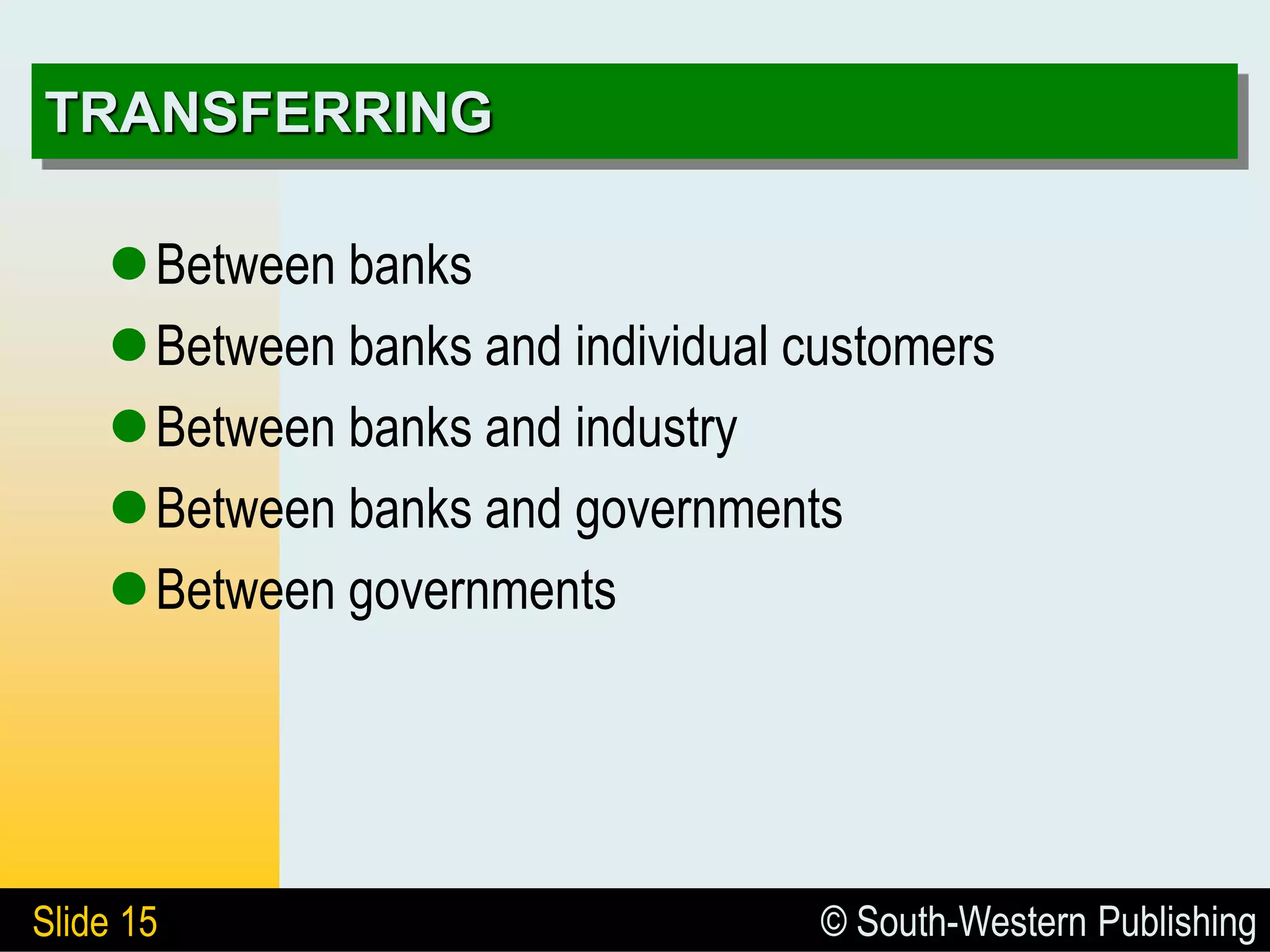 © South-Western Publishing
Slide 15
TRANSFERRING
Between banks
Between banks and individual customers
Between banks and industry
Between banks and governments
Between governments
 