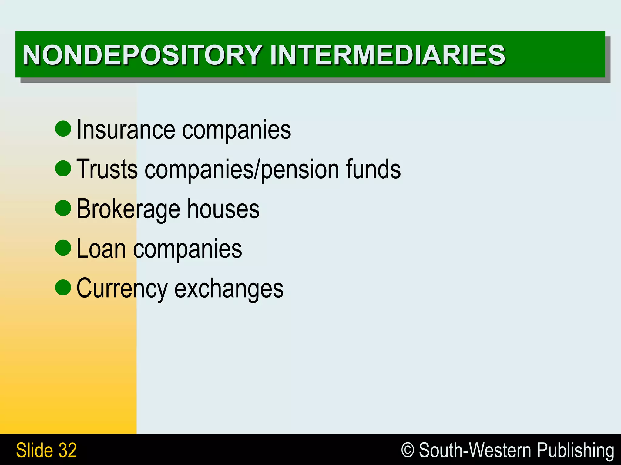 © South-Western Publishing
Slide 32
NONDEPOSITORY INTERMEDIARIES
Insurance companies
Trusts companies/pension funds
Brokerage houses
Loan companies
Currency exchanges
 