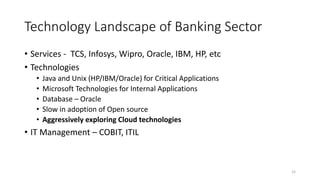 Technology Landscape of Banking Sector
• Services - TCS, Infosys, Wipro, Oracle, IBM, HP, etc
• Technologies
• Java and Unix (HP/IBM/Oracle) for Critical Applications
• Microsoft Technologies for Internal Applications
• Database – Oracle
• Slow in adoption of Open source
• Aggressively exploring Cloud technologies
• IT Management – COBIT, ITIL
15
 