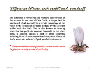Difference between cash credit and overdraft
     The difference is very subtle and relates to the operation of
     the a...