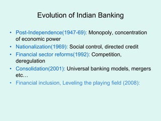 Evolution of Indian Banking
• Post-Independence(1947-69): Monopoly, concentration
of economic power
• Nationalization(1969): Social control, directed credit
• Financial sector reforms(1992): Competition,
deregulation
• Consolidation(2001): Universal banking models, mergers
etc…
• Financial inclusion, Leveling the playing field (2008):
 