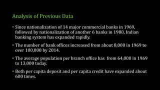 Analysis of Previous Data
• Since nationalization of 14 major commercial banks in 1969,
followed by nationalization of another 6 banks in 1980, Indian
banking system has expanded rapidly.
• The number of bank offices increased from about 8,000 in 1969 to
over 100,000 by 2014.
• The average population per branch office has from 64,000 in 1969
to 13,000 today.
• Both per capita deposit and per capita credit have expanded about
600 times.
 