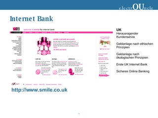 Internet Bank http://www.smile.co.uk UK Herausragender Kundenservie Geldanlage nach ethischen Prinzipien Geldanlage nach ökologischen Prinzipien Erste UK Internet Bank Sicheres Online Banking electr OU ncle 