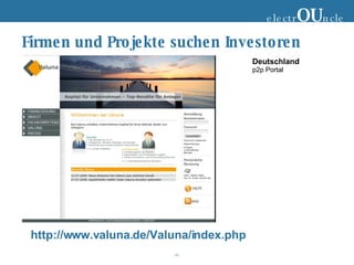 Firmen und Projekte suchen Investoren electr OU ncle Deutschland p2p Portal http://www.valuna.de/Valuna/index.php 
