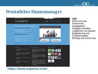 Persönlicher Finanzmanager https://www.expensr.com/ electr OU ncle USA Wofür wird das Einkommen ausgegeben? Ausgabe Verhalten vergleichen mit anderen Budgetierung und Frühwarnsystem Mit Blog und Community 