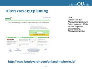 Altersvorsorgeplanung http://www.boulevardr.com/br/landing/home.jsf electr OU ncle USA Online Tool zur Altersvorsorgeplanung Daten eingeben, Ziele setzen, Experten Einschätzung, Altersvorsorgeplan 