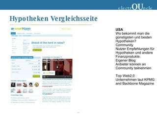 Hypotheken Vergleichsseite electr OU ncle USA Wo bekommt man die  günstigsten und besten Hypotheken? Community Nutzer Empfehlungen für Hypotheken und andere Finanzprodukte. Eigener Blog Anbieter können an  Community teilnehmen Top Web2.0 Unternehmen laut KPMG and Backbone Magazine 