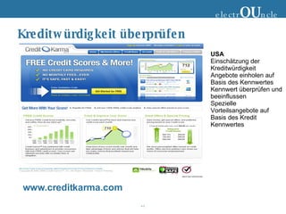 Kreditwürdigkeit überprüfen www.creditkarma.com electr OU ncle USA Einschätzung der Kreditwürdigkeit Angebote einholen auf Basis des Kennwertes Kennwert überprüfen und beeinflussen Spezielle Vorteilsangebote auf Basis des Kredit Kennwertes 