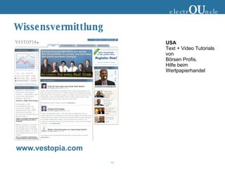 Wissensvermittlung www.vestopia.com electr OU ncle USA Text + Video Tutorials von Börsen Profis. Hilfe beim Wertpapierhandel 