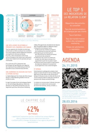 agenda
Une intelligence relationnelle
présente sur l’ensemble des canaux
Tous les segments de clientèle ne seront pas
animés avec la même acuité par les conseillers.
Les canaux digitaux doivent également proposer
une expérience client personnalisée.
À ce titre, cette connaissance client et les
actions d’analyse et de contact qui en découlent
doivent bien évidemment être pensées de façon
multicanale.
D’un point de vue SI, l’avènement des
technologies de type Big data vient apporter
des réponses SI aux problématiques de forte
volumétrie et de croisement des données.
Une cohérence de discours sur toute
la sphère digitale
Le digital dépassant les limites des SI de chaque
banque, la Data Marketing Platform fait son
entrée en scène.
Il s’agit d’une plate-forme technologique (basée
sur les technologies Big data) qui collecte les
données sur des profils anonymisés, pour les
segmenter puis lancer des actions marketing
ciblées.Elleapportedoncdesélémentsderéponse
dansl’écosystèmedigitalsurdifférentsenjeux:
•	Acquisition de nouveaux clients :
	 en découvrant les meilleurs prospects
	 et en améliorant les taux de conversion
•	Retargeting personnalisé grâce à
	 des mécanismes de cookies permettant
	 la conversion des anonymes
•	Fidélisation des clients en améliorant
	 la valeur du client dans le temps et en 		
	 augmentant la part de son panier moyen
•	Cohérence des actions grâce à l’optimisation 	
	 des dépenses digitales et la proposition
	 d’une expérience cross-canal homogène
Et demain…
Instinctivement, le pilotage de la relation client
évoque la notion de client en tant qu’individu ayant
déjà souscrit à des offres ou des services de la
banque. Or de plus en plus, la notion de tribu ou de
cercle d’influence (dans le cadre de la montée en
puissance des réseaux sociaux) émerge.
La relation ne concerne plus l’individu mais peut
se piloter à la maille d’une communauté
de clients (lien familial, amical, d’intérêt…).
Atelier consacré à la banque digitale
qui prendra notamment appui sur l’enquête
« Les Français et leur banque » que Solucom
a mené sur l’année 2014/15 en partenariat
avec Opinion Way (3 volets) animé
par Loïc Carpentier, directeur associé Solucom.
24.11.2015
Conférence en partenariat avec DII :
Assurance digitale et connectée
28.03.2016le chiffre clé
> apprécient l’autonomie que leur conférent les canaux digitaux
dans la réalisation de leurs opérations bancaires
> se disent prêts à changer de banque si leur agence de proximité
venait à fermer
Canaux entrants
self-service ou assistés
Pilotage et Analyse
des données Client
Site / Appli mobile Courrier
Data Mining
Business
Intelligence
Data Quality
Management
Big data
Analytics
- Segmentation stratégique
- Segmentation relationnelle
- Segmentation opérationnelle
Caractéristiques du client
indépendamment de sa
relation avec l’entreprise
- Appétence, Convention, Attrition
- Upsell, Cross-sell
- Geomarketing
- Satisfaction
- Taux de remplissage du proﬁl
- Taux de fraîcheur des données
- Délivrabilité
- Nombre de doublons
Réseau Social Email
Objet connecté Outil agence
Site internet Appel SAV
Borne
libre-service
Accord
partenaire
Collecteetintégrationdesdonnées
Enrichissementdesdonnées
Lac de données
Données structurées ou non, dans leur format d’origine
SEGMENTATION
MARKETING
SCORING
CLIENT
1
1 Attributs Cœur
Caractéristiques du client
indépendamment de sa
relation avec l’entreprise
2 Activités & Équipement
Mesure des comportements
du client sur les différents
canaux digitaux
3 Parcours Client
Caractéristiques du client
déduites de l’ensemble
des données captées
> Indicateurs calculés
2
3
QUALITÉ
DES DONNÉES
La vision client propose ainsi une vue structurée et unifiée de la connaissance client,
enrichie par des indicateurs alignés sur les enjeux Marketing
le top 5
des indicateurs de
la relation client
Répartition des activités
du conseiller
Taux de recommandation
de la banque par ses clients
Taux d’attrition
Taux de transformation
suite à des campagnes
marketing
Niveau de satisfaction,
e-reputation…
42%des Français
5
Séverine Badetz
 
