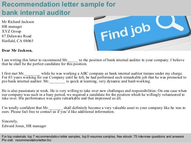 bank internal auditor recommendation letter audit recommendation letter sample