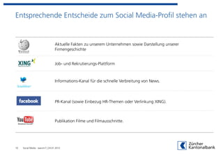 Entsprechende Entscheide zum Social Media-Profil stehen an


                                  Aktuelle Fakten zu unserem Unternehmen sowie Darstellung unserer
                                  Firmengeschichte


                                  Job- und Rekrutierungs-Plattform



                                  Informations-Kanal für die schnelle Verbreitung von News.



                                  PR-Kanal (sowie Einbezug HR-Themen oder Verlinkung XING).



                                  Publikation Filme und Filmausschnitte.




10   Social Media - warum? | 24.01.2012
 