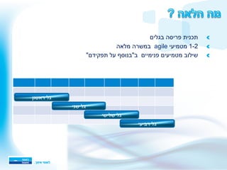 ‫ראשון‬ ‫גל‬
‫שני‬ ‫גל‬
‫שלישי‬ ‫גל‬
‫רביעי‬ ‫גל‬
!‫בגלים‬ ‫פריסה‬ ‫תכנית‬ 
!‫מלאה‬ ‫במשרה‬ agile ‫מטמיעי‬ 1-2 
!"‫תפקידם‬ ‫על‬ ‫ב"בנוסף‬ ‫פנימיים‬ ‫מטמיעים‬ ‫שילוב‬ 
 