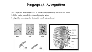 Fingerprint Recognition
 A fingerprint is made of a series of ridges and furrows on the surface of the finger.
 Ridge ending, ridge bifurcation and minutiae points.
 Algorithm is developed to distinguish whorl, arch and loop.
 