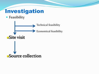 Investigation
 Feasibility
Technical feasibility
Economical feasibility
Site visit
Source collection
 