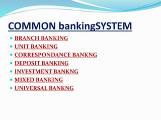 COMMON bankingSYSTEM
 BRANCH BANKING
 UNIT BANKING
 CORRESPONDANCE BANKNG
 DEPOSIT BANKING
 INVESTMENT BANKNG
 MIXED BANKING
 UNIVERSAL BANKNG
 
