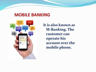 MOBILE BANKING
It is also known as
M-Banking. The
customer can
operate his
account over the
mobile phone.
 