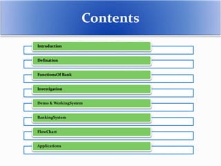 Introduction
Defination
FunctionsOf Bank
Investigation
Demo & WorkingSystem
BankingSystem
FlowChart
Applications
Contents
 