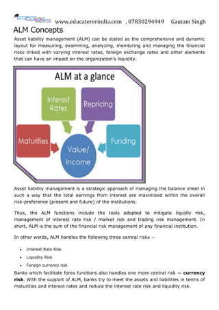 www.educatererindia.com , 07830294949 Gautam Singh
ALM Concepts
Asset liability management (ALM) can be stated as the comprehensive and dynamic
layout for measuring, examining, analyzing, monitoring and managing the financial
risks linked with varying interest rates, foreign exchange rates and other elements
that can have an impact on the organization‟s liquidity.
Asset liability management is a strategic approach of managing the balance sheet in
such a way that the total earnings from interest are maximized within the overall
risk-preference (present and future) of the institutions.
Thus, the ALM functions include the tools adopted to mitigate liquidly risk,
management of interest rate risk / market risk and trading risk management. In
short, ALM is the sum of the financial risk management of any financial institution.
In other words, ALM handles the following three central risks −
 Interest Rate Risk
 Liquidity Risk
 Foreign currency risk
Banks which facilitate forex functions also handles one more central risk — currency
risk. With the support of ALM, banks try to meet the assets and liabilities in terms of
maturities and interest rates and reduce the interest rate risk and liquidity risk.
 