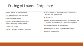 Pricing of Loans - Corporate
▪Credit Rating of the Borrower
▪Total Exposure to the Borrower
▪Industry of Exposure
▪Type of Asset – Machinery/Real
Estate/Vehicles/Infrastructure
▪ Tenure of Loans
▪Type of Interest – Fixed or Variable
▪Other fee based Income from the Borrower –
BG/LC/Loan Syndication
▪Default Risk
▪Alternative source of Borrowing available for the
customer – Competition( Direct and Adjacent)
▪Number and type of competitors
▪Strategy of the Bank to grow the portfolio
▪Product profitability
 