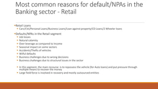 Most common reasons for default/NPAs in the
Banking sector - Retail
▪Retail Loans
▪ Cars/CVs/Personal Loans/Business Loans/Loan against property/CD Loans/2 Wheeler loans
▪Defaults/NPAs in the Retail segment
▪ Job losses
▪ Natural calamity
▪ Over leverage as compared to Income
▪ Seasonal impact on some sectors
▪ Accidents/Thefts of vehicles
▪ Wilful defaults
▪ Business challenges due to wrong decisions
▪ Business challenges due to structural issues in the sector
▪ In this segment, the main recourse is to repossess the vehicle (for Auto loans) and put pressure through
multiple means to recover the money
▪ Large field force is involved in recovery and mostly outsourced entities
 