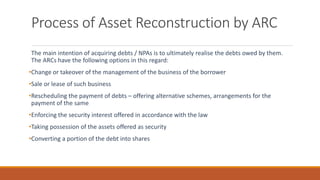 Process of Asset Reconstruction by ARC
The main intention of acquiring debts / NPAs is to ultimately realise the debts owed by them.
The ARCs have the following options in this regard:
•Change or takeover of the management of the business of the borrower
•Sale or lease of such business
•Rescheduling the payment of debts – offering alternative schemes, arrangements for the
payment of the same
•Enforcing the security interest offered in accordance with the law
•Taking possession of the assets offered as security
•Converting a portion of the debt into shares
 