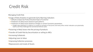 Credit Risk
Managing Credit Risk
▪Usage of Data Analytics to generate Early Warning indicators
▪ Defaults analysis by Product/location/Type of Customer
▪ Prediction of Likely losses based on past patterns
▪ Prediction of Likely losses based on changes in certain Economic parameters
▪ Freight rates reduction in a state or in a sector or increase in fuel prices and many other similar indicators can potentially
lead to cash flow challenges for Commercial Vehicle Loans
▪Factoring in likely losses into the pricing of products
▪Transfer of Credit Risk by Securitisation or selling to ARCs
▪Increasing Collaterals
▪Adjusting Loan to Value
▪Improving Collection processes
▪Repossession and resale of Assets
 