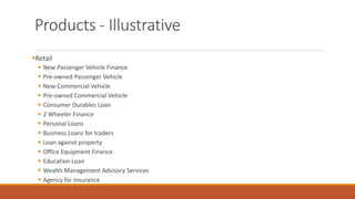 Products - Illustrative
▪Retail
▪ New Passenger Vehicle Finance
▪ Pre-owned Passenger Vehicle
▪ New Commercial Vehicle
▪ Pre-owned Commercial Vehicle
▪ Consumer Durables Loan
▪ 2 Wheeler Finance
▪ Personal Loans
▪ Business Loans for traders
▪ Loan against property
▪ Office Equipment Finance
▪ Education Loan
▪ Wealth Management Advisory Services
▪ Agency for Insurance
 