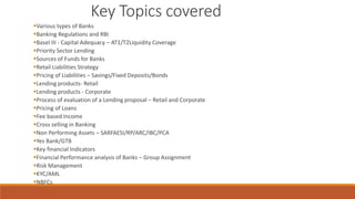 Key Topics covered
▪Various types of Banks
▪Banking Regulations and RBI
▪Basel III - Capital Adequacy – AT1/T2Liquidity Coverage
▪Priority Sector Lending
▪Sources of Funds for Banks
▪Retail Liabilities Strategy
▪Pricing of Liabilities – Savings/Fixed Deposits/Bonds
▪Lending products- Retail
▪Lending products - Corporate
▪Process of evaluation of a Lending proposal – Retail and Corporate
▪Pricing of Loans
▪Fee based Income
▪Cross selling in Banking
▪Non Performing Assets – SARFAESI/RP/ARC/IBC/PCA
▪Yes Bank/GTB
▪Key financial Indicators
▪Financial Performance analysis of Banks – Group Assignment
▪Risk Management
▪KYC/AML
▪NBFCs
 