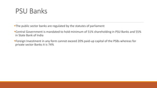 PSU Banks
▪The public sector banks are regulated by the statutes of parliament
▪Central Government is mandated to hold minimum of 51% shareholding in PSU Banks and 55%
in State Bank of India
▪Foreign Investment in any form cannot exceed 20% paid-up capital of the PSBs whereas for
private sector Banks it is 74%
 