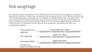 Risk weightage
This would include, among others, the effectiveness of the bank’s risk management systems in
identifying, assessing / measuring, monitoring and managing various risks including interest rate
risk in the banking book, liquidity risk, concentration risk and residual risk. Accordingly, the
Reserve Bank will consider prescribing a higher level of minimum capital ratio for each bank
under the Pillar 2 framework on the basis of their respective risk profiles and their risk
management systems
 